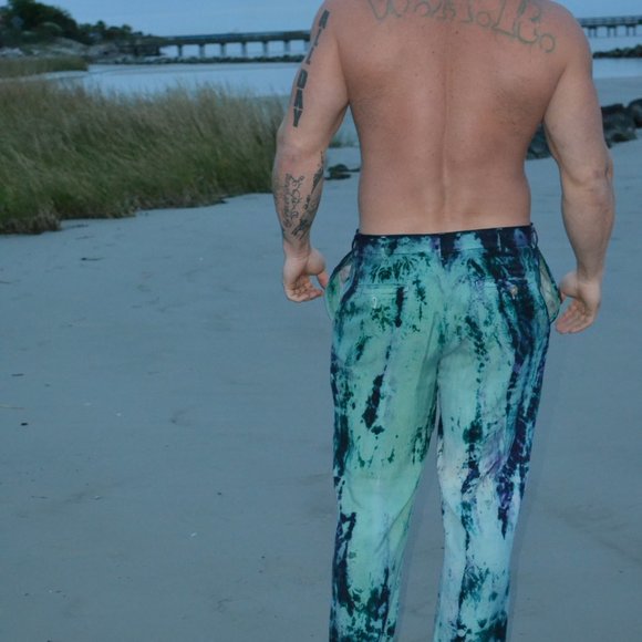 Men's silk Tommy Bahama dress pants navy black green 32 30 med large tie dyed - Picture 9 of 10